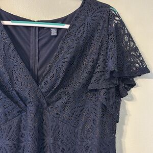 Chaps Navy Lace Midi Dress with Flutter Sleeves